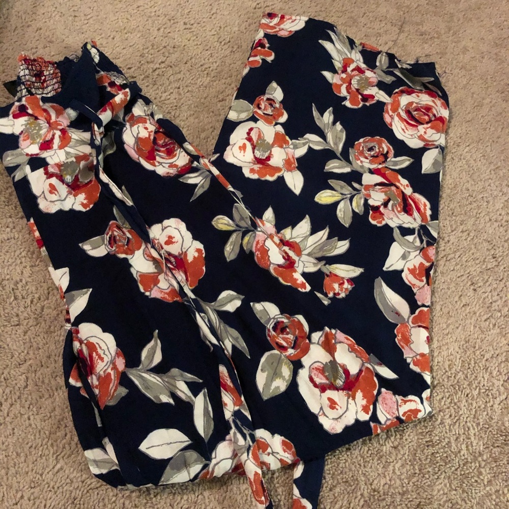 Wide leg Navy blue & floral high waisted pants